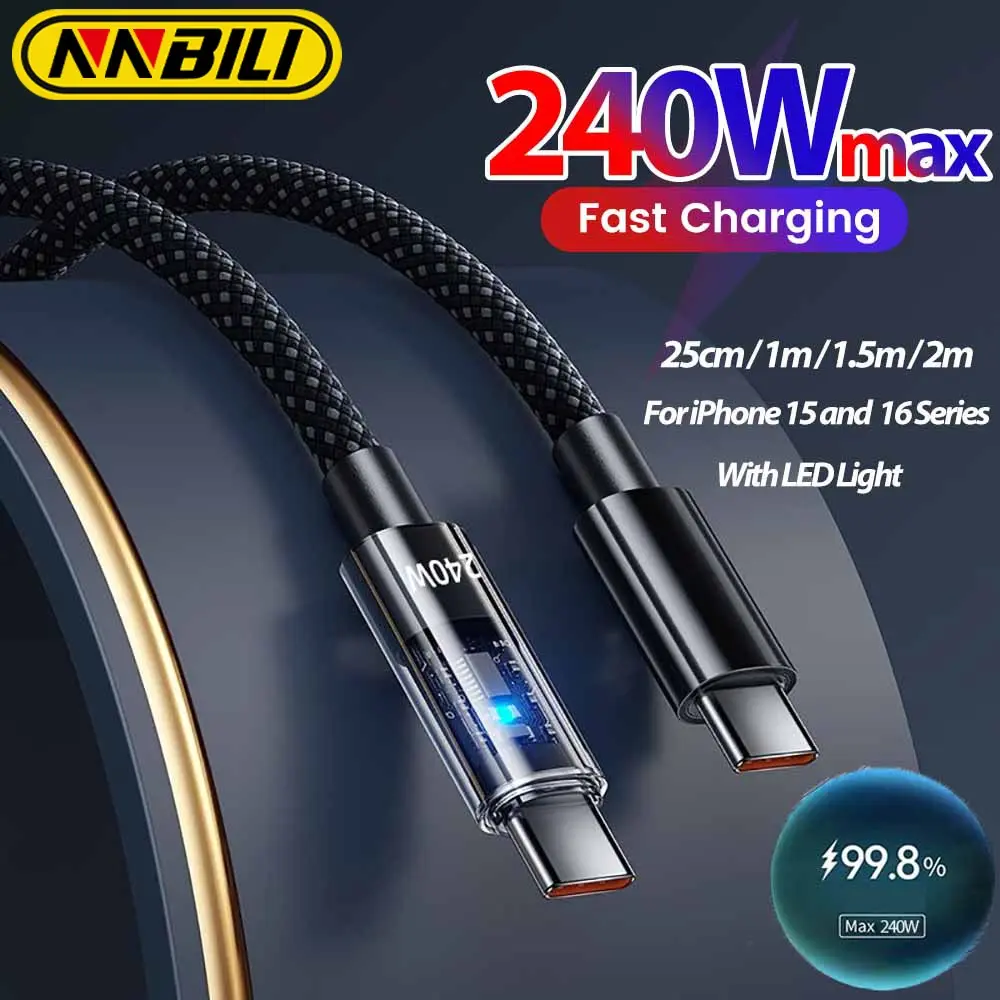 NNBILI 240W USB C to USB C PD Fast Charging cable, 6A C-type data cable, suitable for iPhone 17, 16, 15, Huawei 25cm-2m charging cable with LED light, Electronic