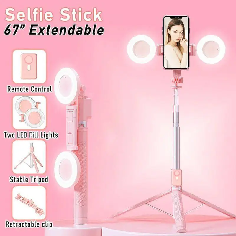 Multifunctional Selfie Stick Tripod + Dual Ring Light, 360° Rotation, Smart 6-in-1 Remote Control for iOS & Android, Ideal for Photo/Video/Music/Recording/Live/Vlog - Portable Stand Gift for