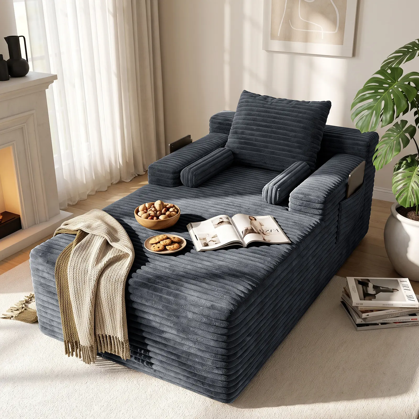 【Summer】 63" Black/Grey/Khaki / Upholstered Corduroy Chaise Lounge Indoor Sleeper Chair, Premium Pure 45D High-Density Sponge Sofa Bed with Side Pocket, Frameless Lazy Floor Couch for Living Room & Bedroom, No Assembly, 1 Throw Pillow Included