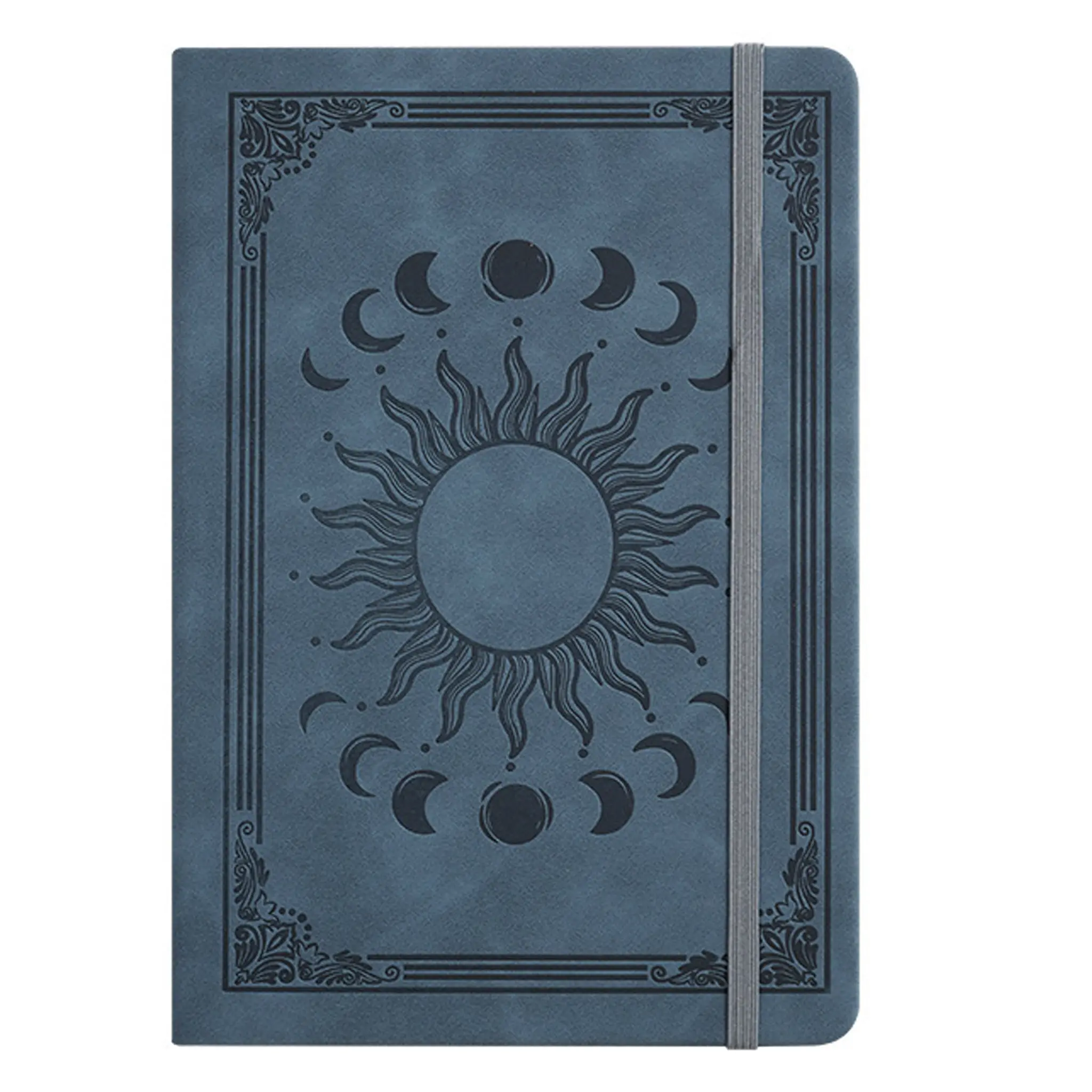 A5 Journal Notebook, 1 Count Sun & Moon Embossed Faux Leather Cover Notebook, Lined Paper Notebook with Pen Loop, Elastic Closure, Ribbon Bookmarks, Travel Diary Notebook, Faux Leather Journals, Journals for Writing, Writing Notebook