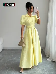 Elegant Pure Color Shirt Collar Bubble Sleeve Cross Tie Waist Fitted Dress, Soft Texture Women's Fashion Gown, Perfect for Casual & Formal Occasions