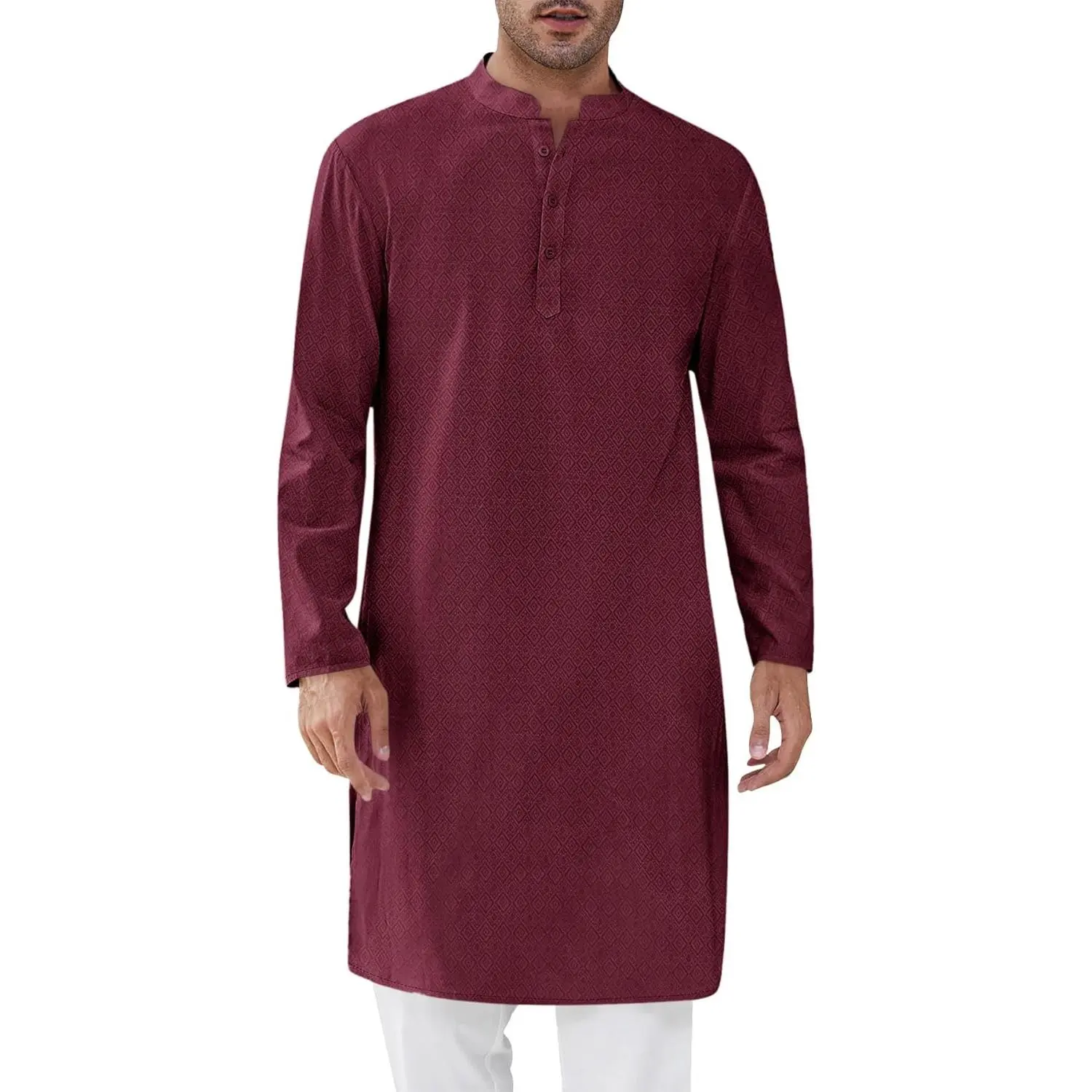 Runcati Men's Textured Henley Kaftan Thobe - Long Sleeve, Soft Fabric, Relaxed Cut, Knee-Length, Side Split Top, All Seasons Casual Muslim Loungewear Nightshirt, Textured Look