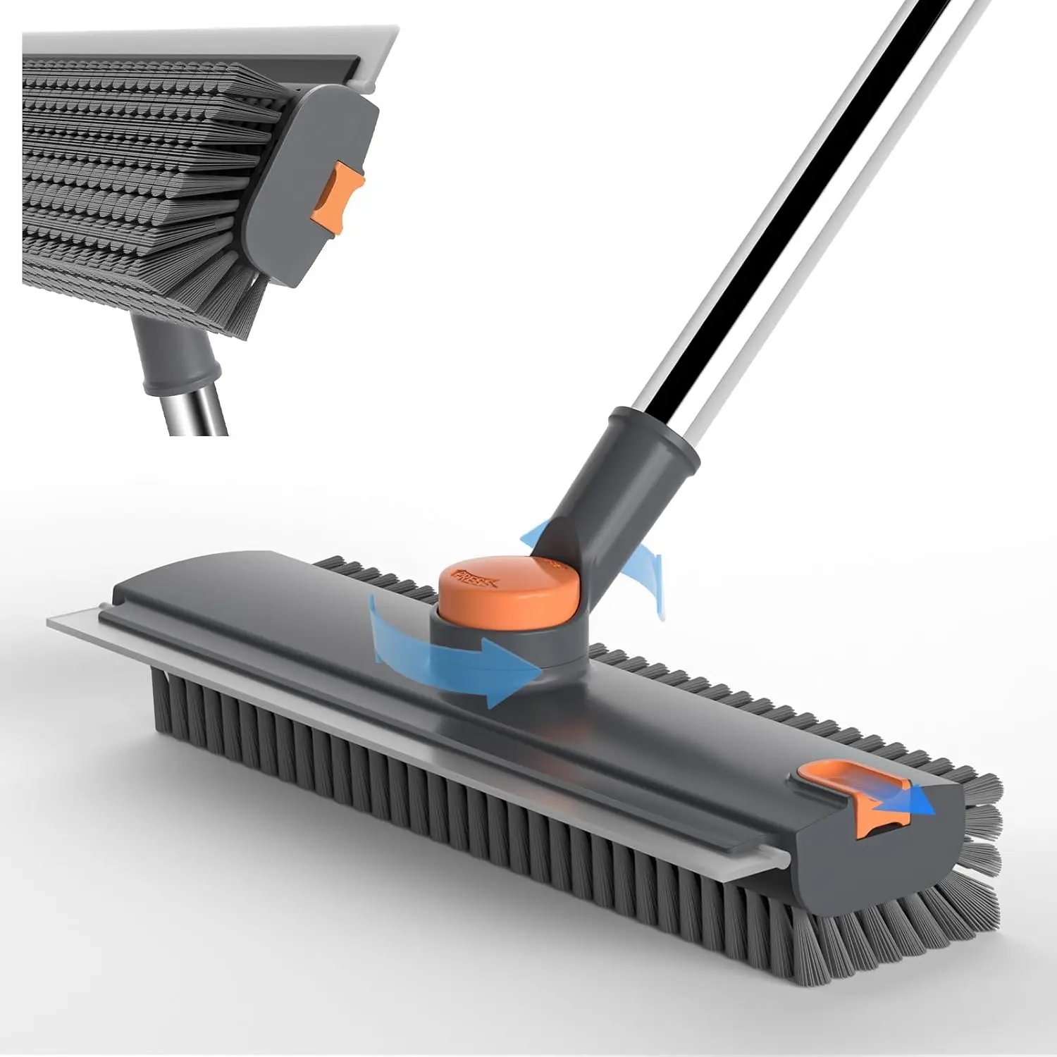 3-in-1 Floor Scrub Brush with Long Stainless Steel Adjustable Handle, Silicone Squeegee, 360° Rotatable Head – Single Unit Functional Tool for Household Use on Tile, Concrete Floors