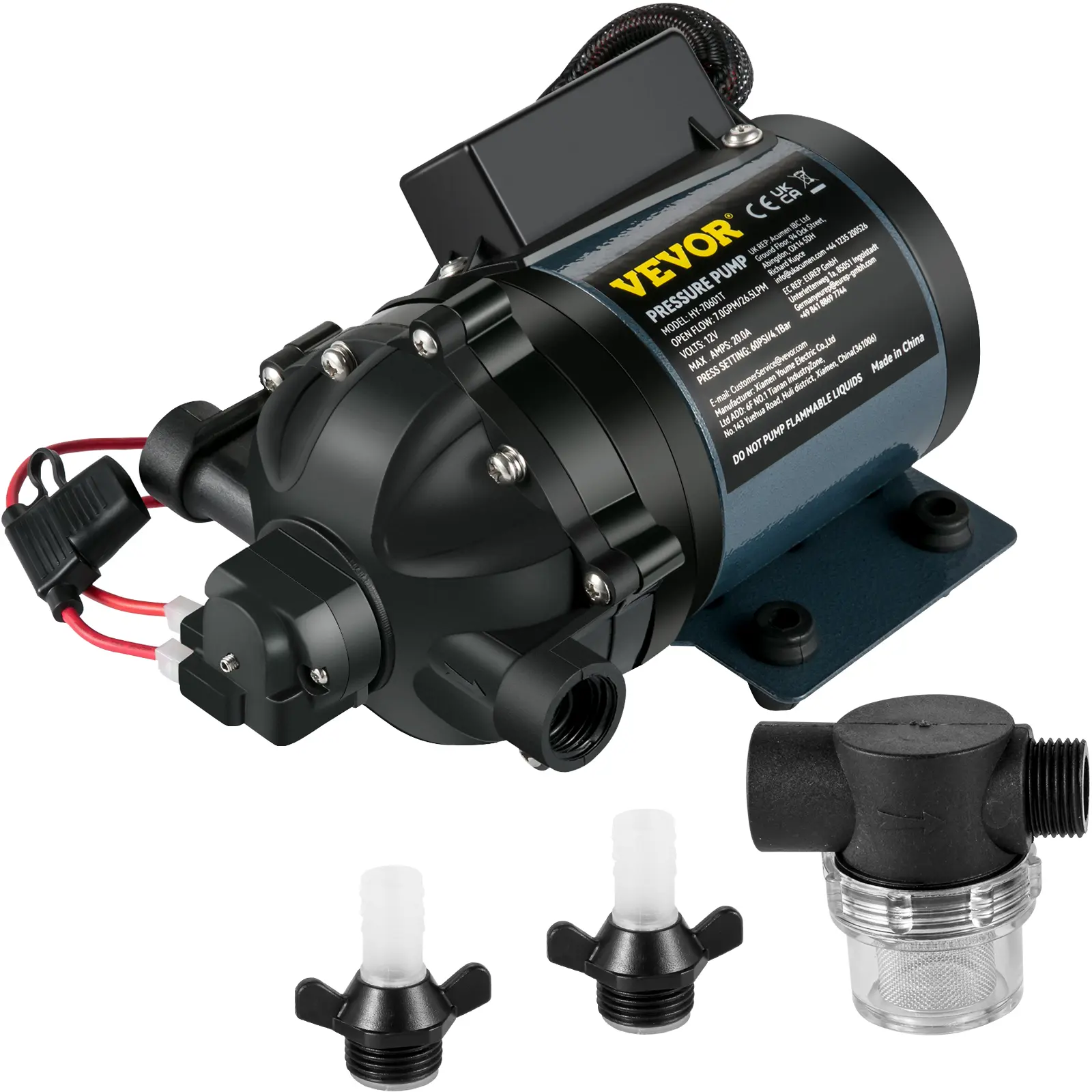 【Summerfinds】VEVOR 12V DC Self Priming Water Transfer Pump7 GPM 60 PSIMax. 10 FT LiftEPDM ValveUniversal Salt Water StrainerFemale/Male Threadsfor RVBoat, Water Transfer Pump