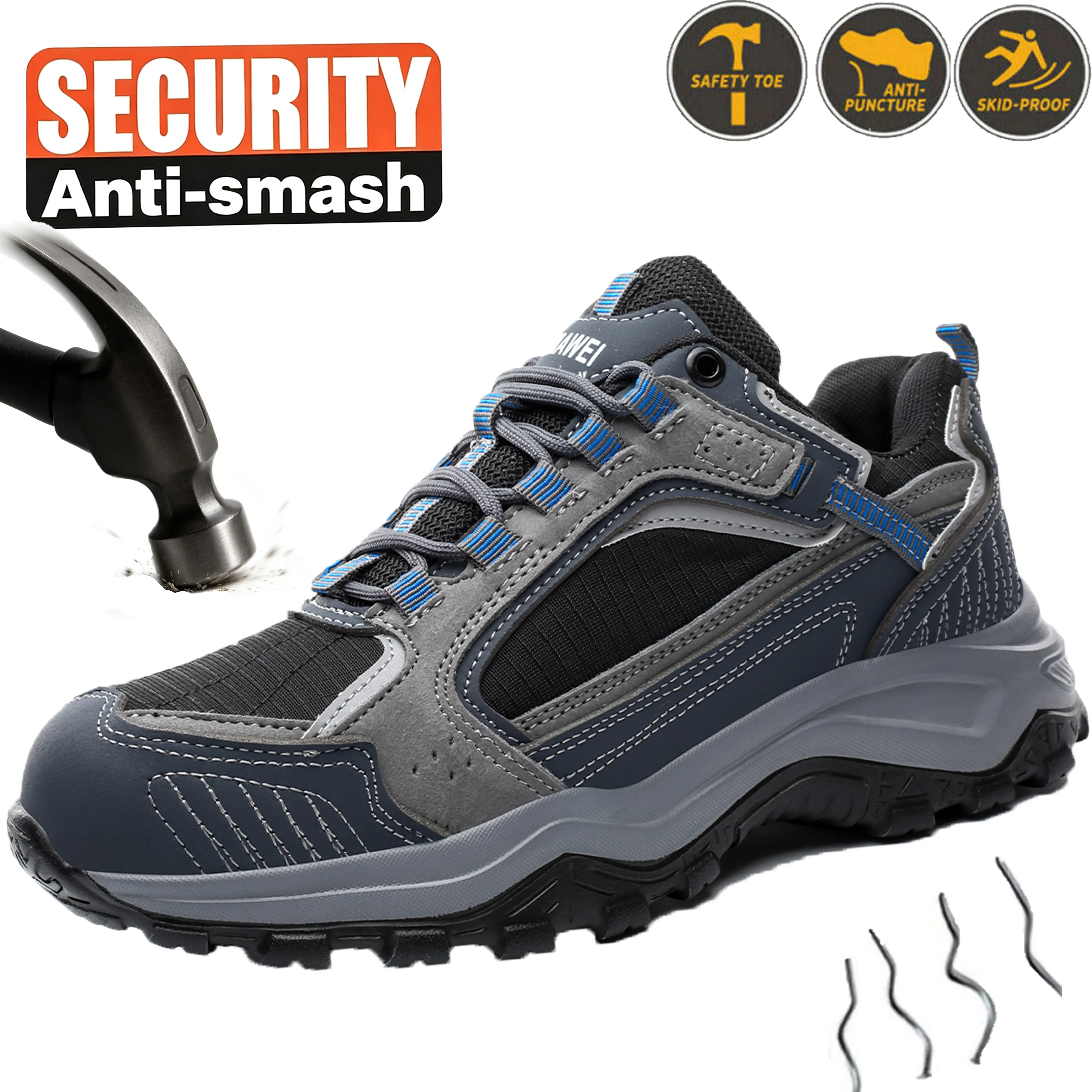 All-Season Men's Steel Toe Safety Work Shoes Anti-Puncture Midsole Breathable & Non-Stuffy Durable Protective Footwear for Construction and Handling Work