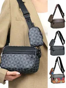 New Trendy Fashion Single Shoulder Casual Plaid Leather Sports Phone Zipper Crossbody Bag Small Square Bag Men Wallet Women Bag