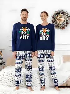 "What elf?" " Patterned Christmas couple pajama set: Crew collar, long-sleeved home wear + pants, casual style