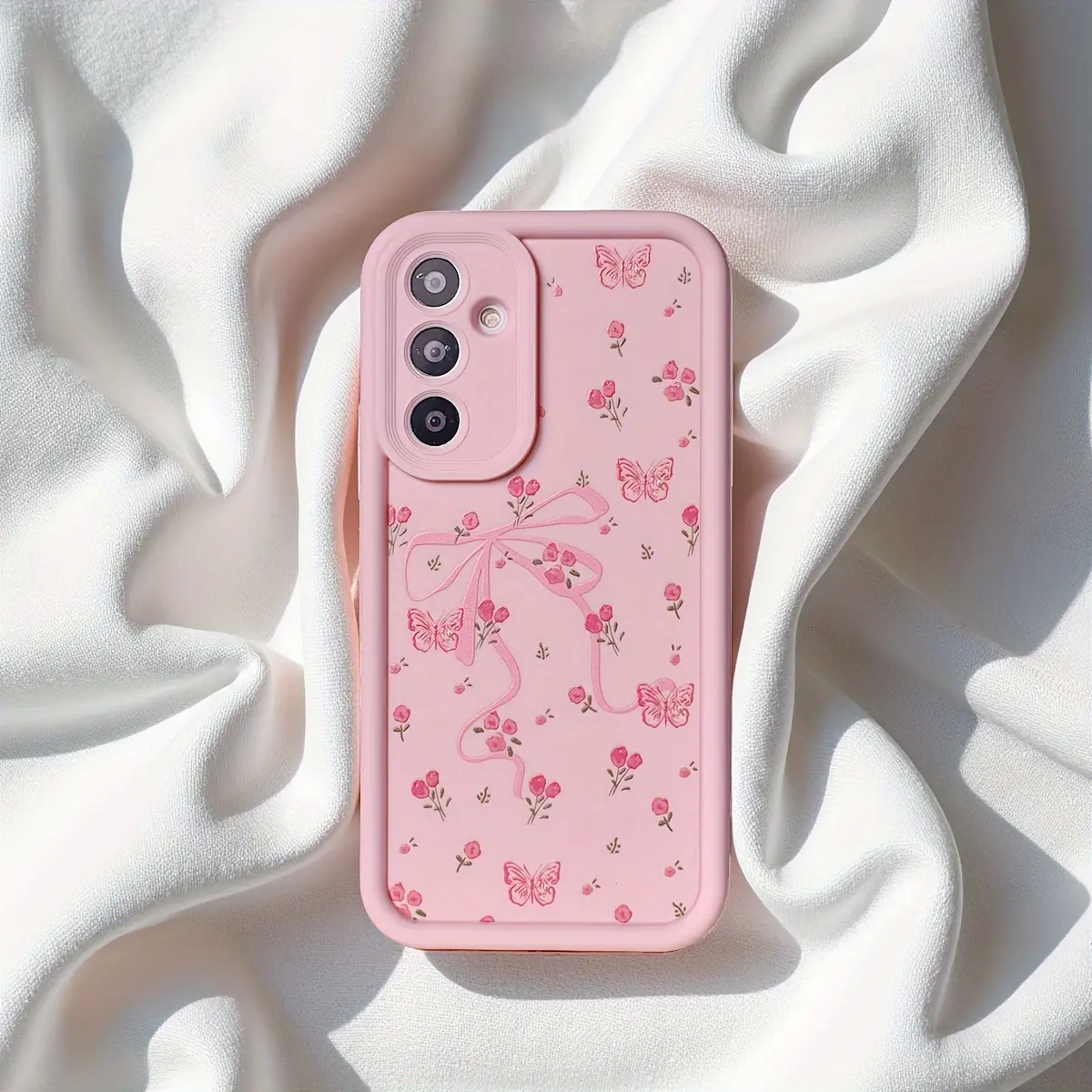 Frosted Pink Smartphone Case with Pink Floral Bow, Cute Cartoon, Delicate Butterflies, Durable Soft Protection for Samsung Galaxy S26 S25 S24+ S23 S22 S21 Ultra FE Note20 A54 A53 A52 A36 A35 A34 A33 A17 A16 A15 A14 (Handheld-Friendly), Shockproof, Adult,,