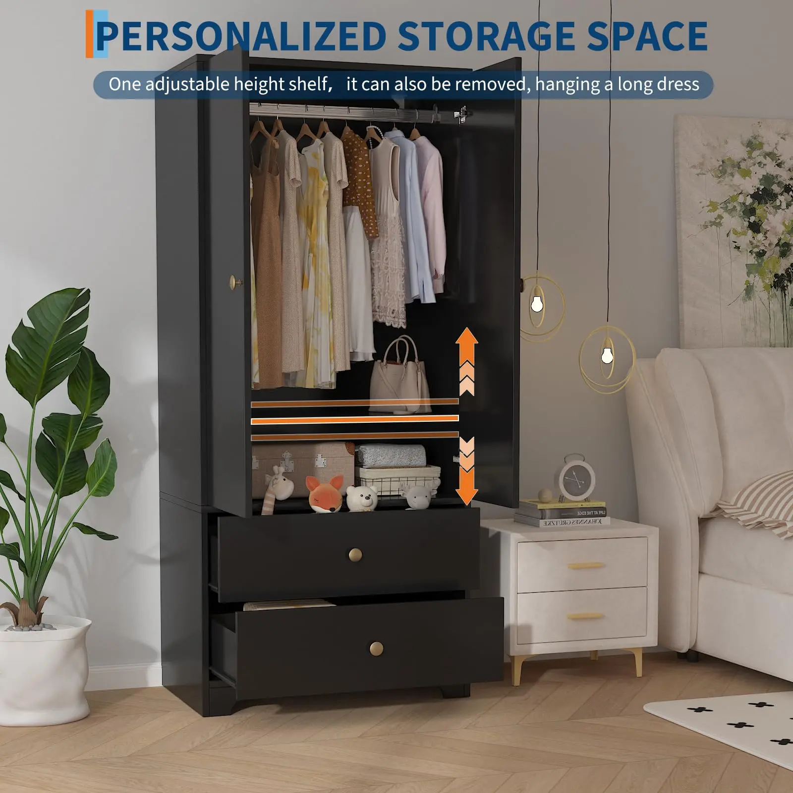 Modern Wooden Armoire Wardrobe Closet 71 Inch, Freestanding Bedroom Clothing Storage Locker with 2 Doors, 2 Drawers, Adjustable Shelves and Aluminum Hanging Rod