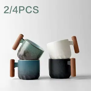 2/4pcs Italian Espresso Ceramic Coffee Cups 60ML, Coffee Cup Set, Mini Size with Wooden Handle, Vintage Style, Reusable, Hand Wash Only, Perfect Gift