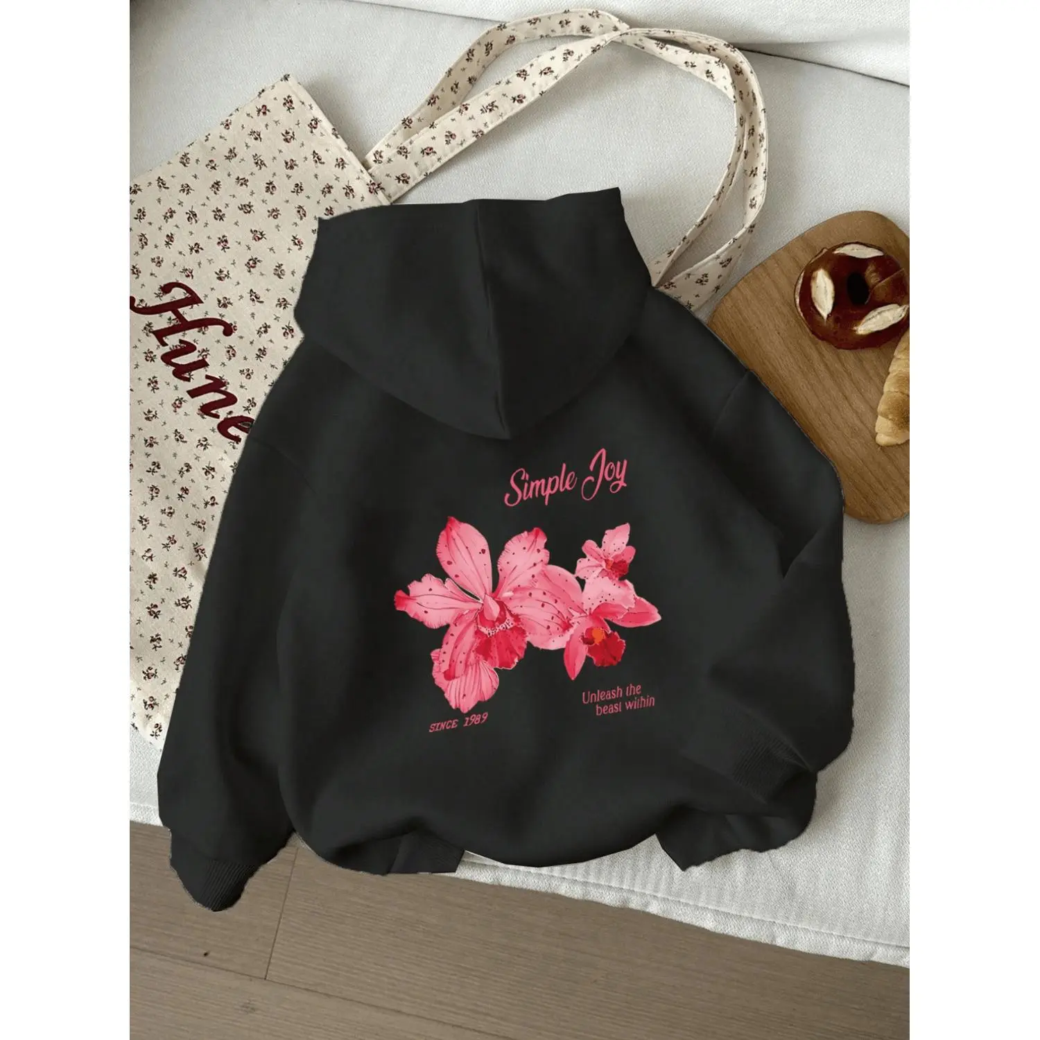 Women's Pink Floral and Simple Joy Text Hoodie Sweatshirt Made from 100 Percent Polyester Machine Washable Cozy Fall Winter Casual Top with Regular Fit for Layering and Casual Wear Soft Pink Fashion