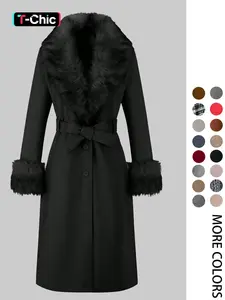 Women's Fall Winter Mid-Length Solid Color Coat, Warm Fitted Coat with Fur Collar, Waist Belt & Pockets, Casual Style, Jackets