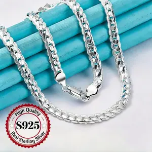 925 Sterling Silver Plated Fashion Cuban Necklace, 6mm Wide, 20/22/24 Inch Flat Cuban Chain, Men's Gift