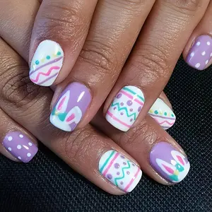 Easter Bunny & Egg Nail Tips Art, Short Square Fake Nails, Reusable Macaron Color, 24 Pieces Set, Perfect for Easter Celebrations