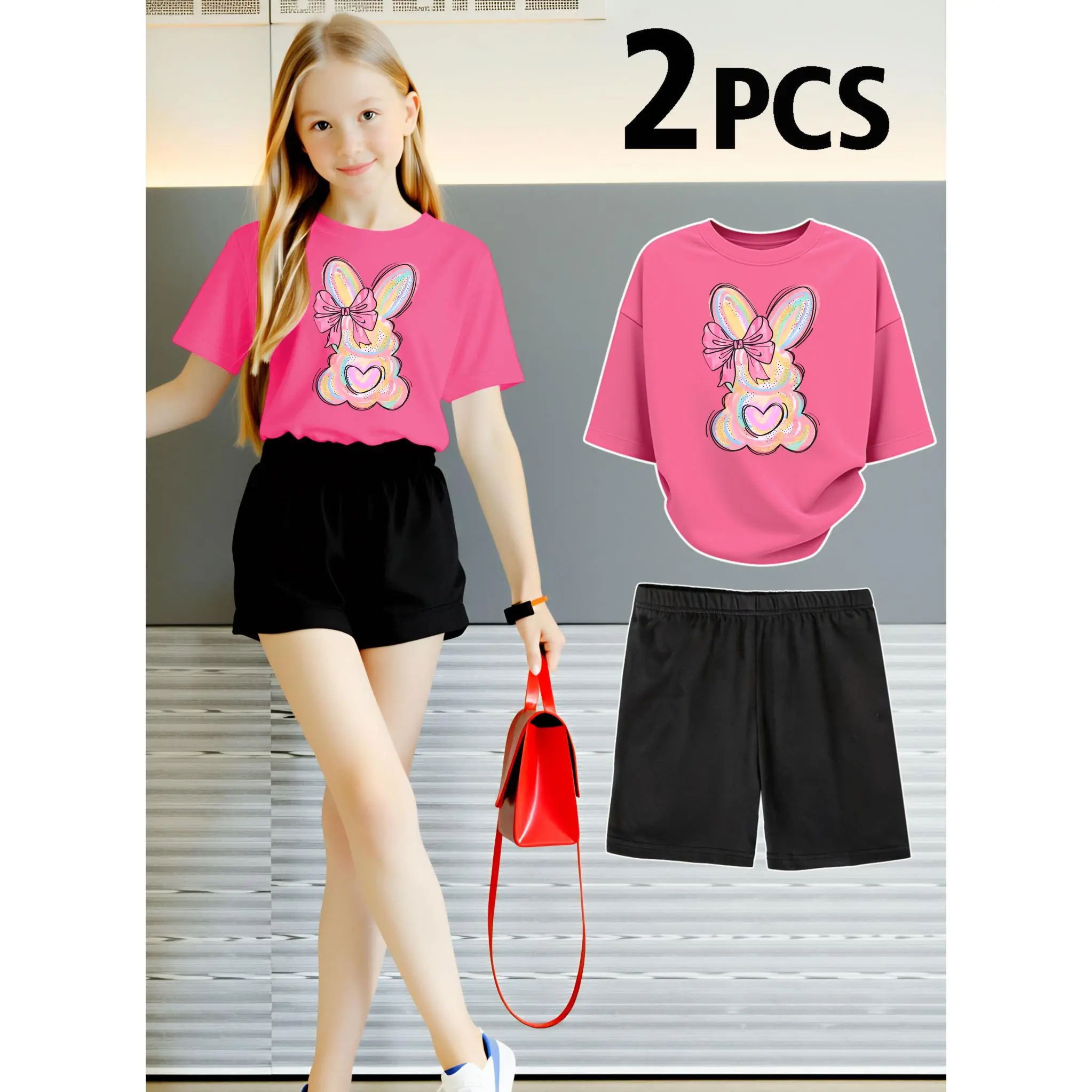 Easter Day 2PCS New Summer Girls Colorful Bunny With Pink Bow And Heart Short Sleeved 100% Cotton T-Shirt and Shorts 2 Pcs Set Perfect for Outdoor
