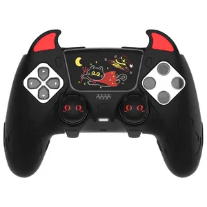 [For ps5 Edge Controller] PlayVital Cute Demon Silicone Case, Kawaii Controller Cover Skin Gamepad Protector for ps5 Edge Accessories with Touch Pad Sticker & Thumb Grip Caps - Black