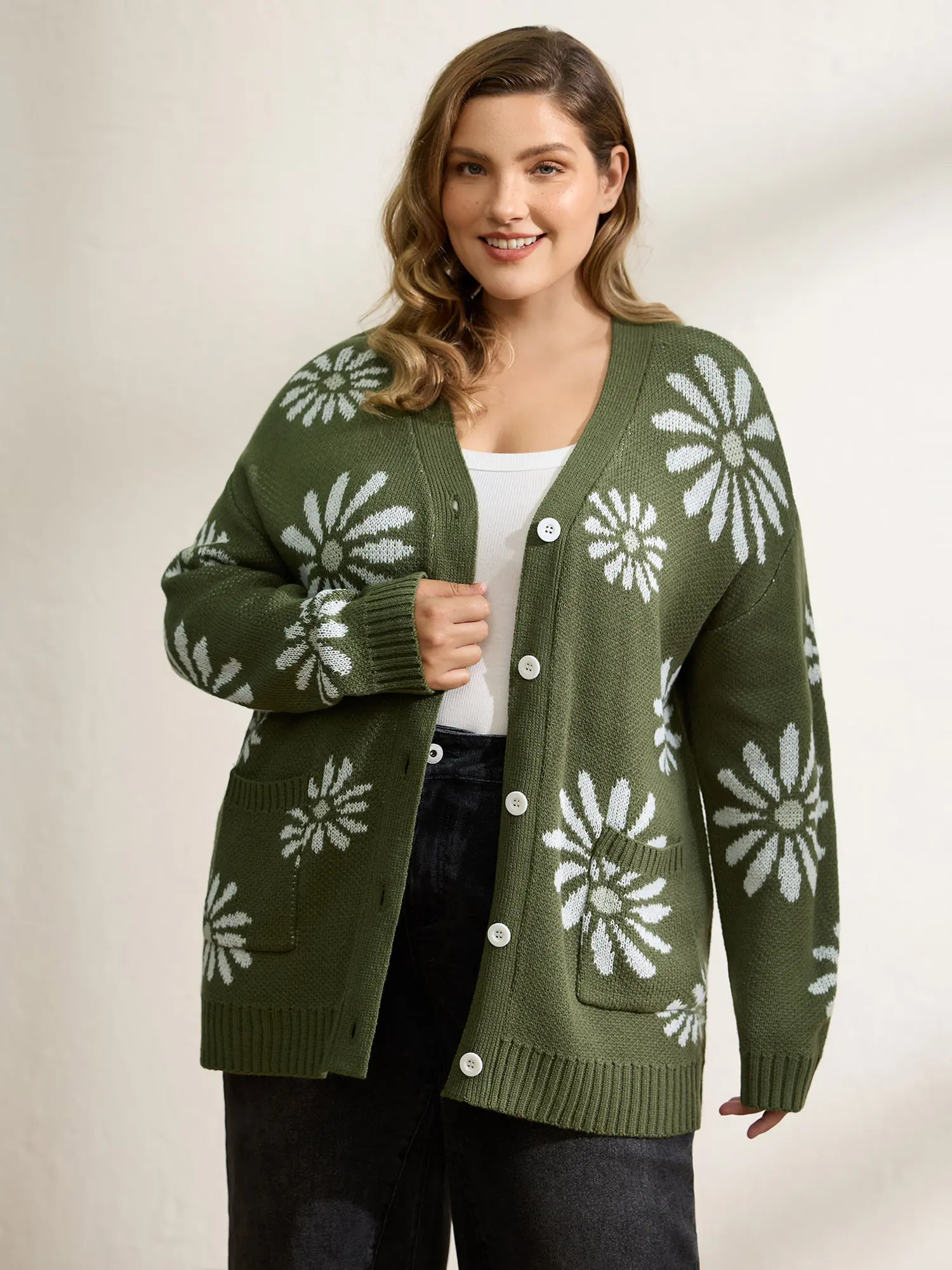 BloomChic Women's Plus Size Floral Jacquard Knit Cardigan, Deep V-Neck with Drop Shoulders, Loose Fit, Regular Length, Knitwear