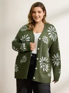 BloomChic Women's Knitwear Cardigan - Army Green, Acrylic Knit, Long Sleeve, Drop Shoulder, Deep V Neck, Loose Cut, Floral Jacquard, Button Pockets, Plus Sizes Winter Casual Top Swimweek