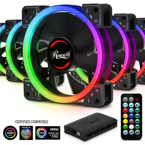 Rosewill RGBF-23001 120mm Dual Ring Addressable RGB Case Fan Hub Set, True RGB LED Case Fans (5-Pack) and 8-Port Fan Hub, Ultra Quiet Cooling with Long Life Rifle Bearings