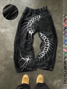 Men's Casual Loose Cotton Breathable Sport Pants, Dark Spider Print, Drawstring Waist, Versatile Adjustable Waist Trousers, Ankle Length, All Seasons, Ideal for Daily Wear