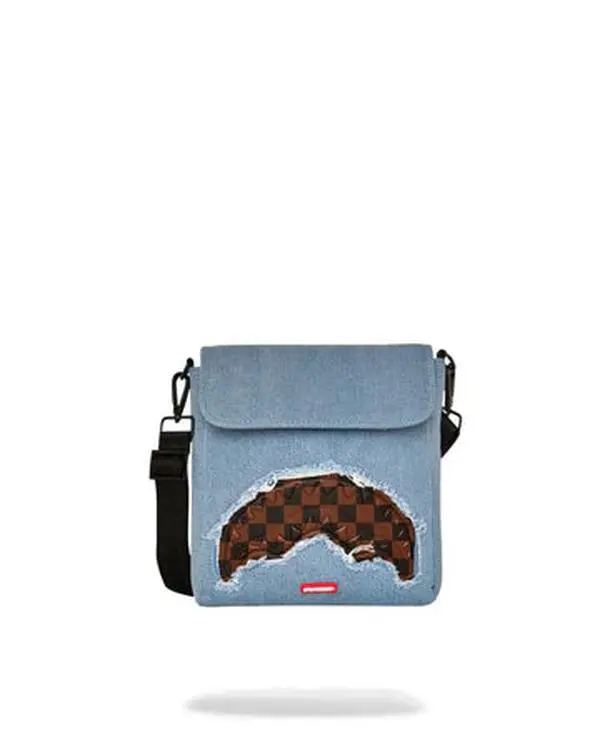 SPRAYGROUND: DENIM SHARK MESSENGER SLING BAG SPRAYGROUND: DENIM SHARK MESSENGER SLING BAG