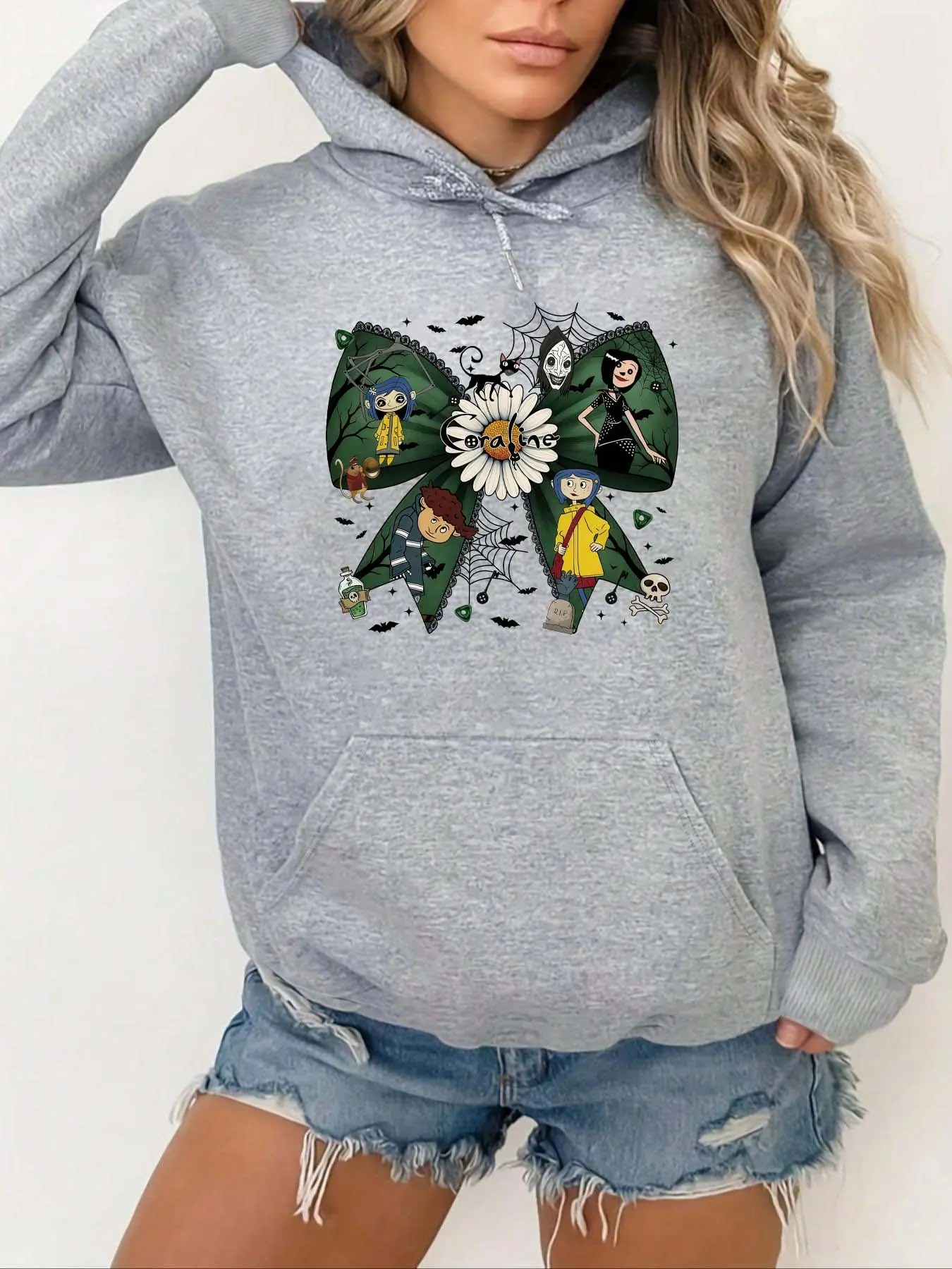 Women's Coraline Bow Cartoon Geometric Letter Print Hoodie, Fall Winter Loose Fit Fleece Pullover, Vintage Casual Streetwear