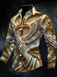 Men's Long Sleeve hawaiian Shirt Novelty Pattern Golden Cross, Angel Wings and Praying Hands