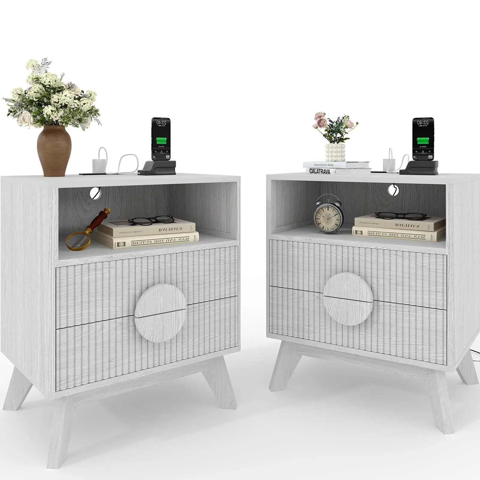 Garvee Set of 2 Modern Fluted Bedside Tables,Wood Nightstand Bedside Table End Table with Charging Station,Drawers & Open Shelf for Bedroom or Living Room,dorm essentials,home decor