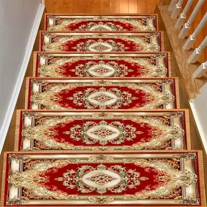 15pcs Retro Gold-Patterned Red Stair Mat, Soft And Durable, Machine Washable And Easy to Clean, Lightweight And Comfortable with Non-Slip Backing, Suitable for Stairways, Kitchens, Living Rooms, Bedrooms, Decorative Purposes, Indoor Use, Bathrooms