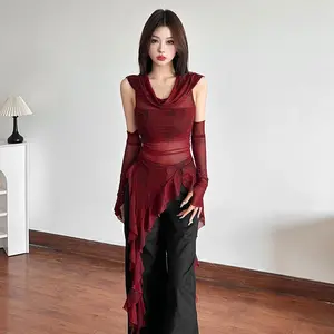 Irregular Ruffle Hooded Blouse, Red Cowl Neck With Detachable Sleeve Cuffs Slim Daily Top
