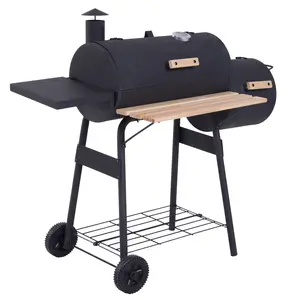 Outsunny Charcoal Grill with Offset Smoker, 231 Sq.In. Cooking Area, Barrel BBQ Grill and Smoker Combo with Side Tables, Shelf, Thermometer, Wheels for Outdoor Patio Backyard Party Event Gathering
