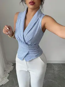 Women's Sleeveless V-Neck Elegant Striped Shirt Blouse with Tie Waist Bow, Stylish and Comfortable Top for Daily Wear, Perfect for Any Occasion