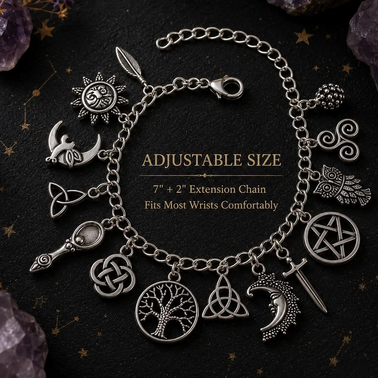 Women's Vintage Witchy Charm Bracelet - Stainless Steel Silver-Tone Wiccan Jewelry with Pentagram Moon, Owl, Broom & Mystical Charms, Witchy Stuff for Everyday Wear, Gothic Pagan Gift, Bracelets, Unisex, Charm Bracelets