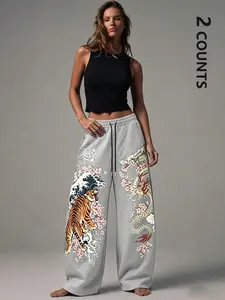 2 Piece Set Women's Y2K Ukiyo-E Wave Japanese Dragon Tiger Print Loose Sweatpants, Elastic Waist Casual Long Pants, Streetwear & Home Wear Womenswear Clothes Fashion Trend