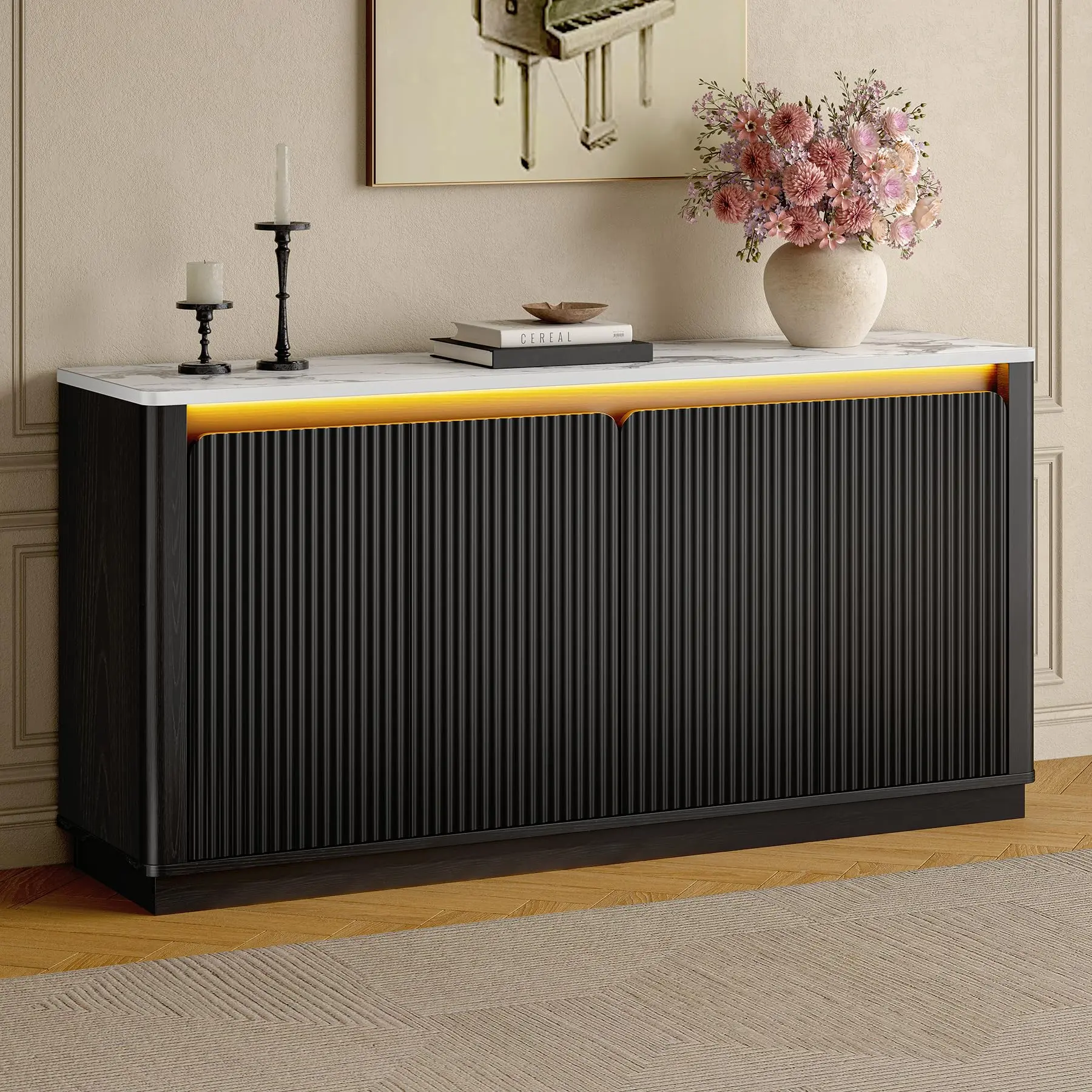 【LED Cabinet】ONBRILL 61" Fluted Buffet Cabinet with Faux Marble Top and LED Light, Curved Sideboard Cabinet with Storage, Coffee Bar with 4 Doors and 2 Adjustable Shelves for Living Room, Kitchen, Entryway【SummerFinds】