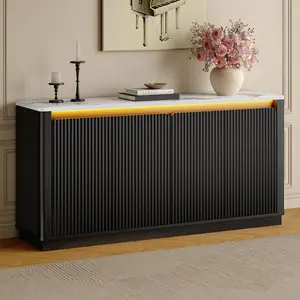 【LED Cabinet】ONBRILL 61" Fluted Buffet Cabinet with Faux Marble Top and LED Light, Curved Sideboard Cabinet with Storage, Coffee Bar with 4 Doors and 2 Adjustable Shelves for Living Room, Kitchen, Entryway