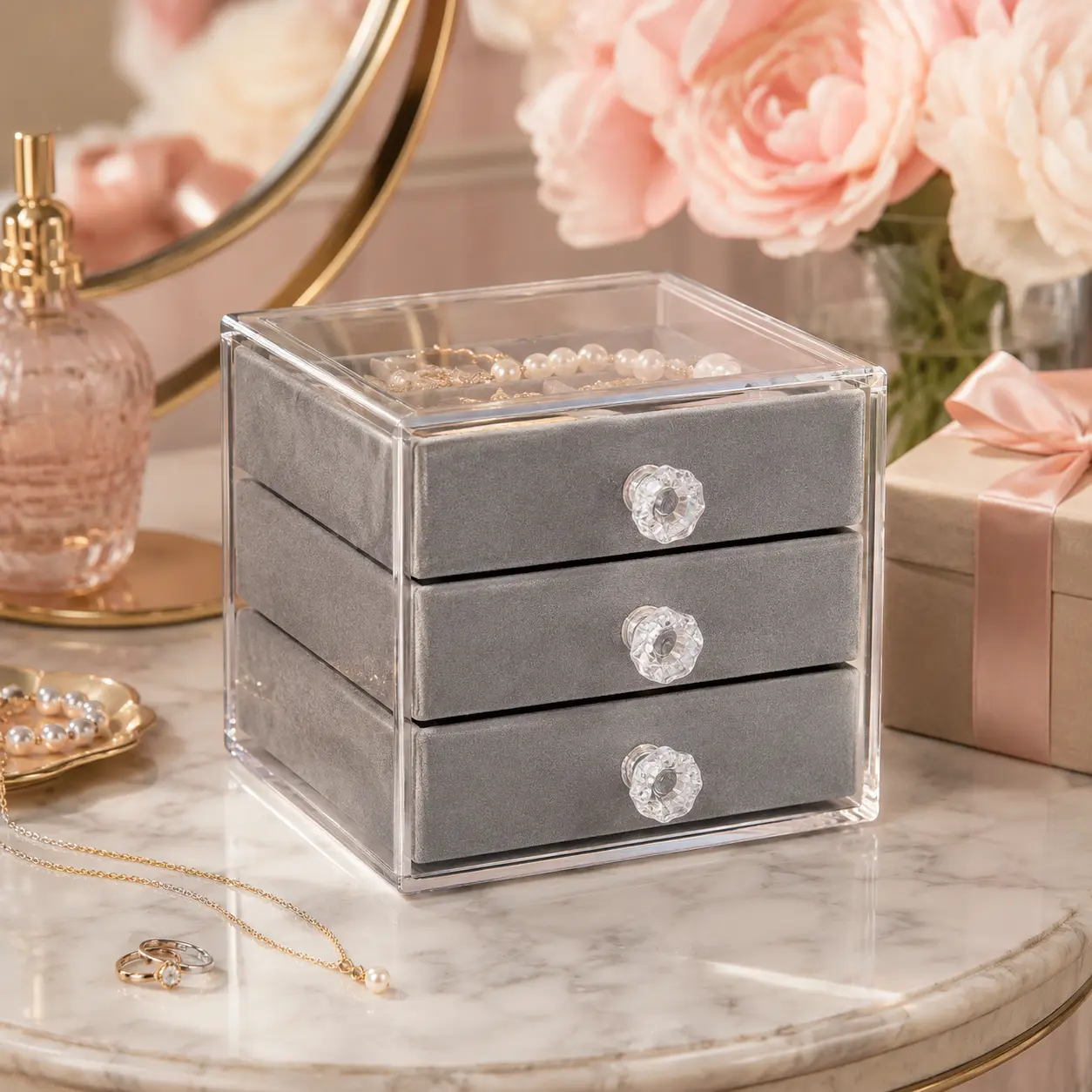 3-Layer Velvet Jewelry Organizer Box – Stackable Drawer Jewelry Storage Case for Rings, Earrings, Necklaces & Bracelets – Dustproof Vanity Jewelry Display Box for Women
