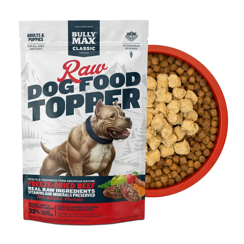 Bully Max Freeze-Dried Raw Real Beef Dog Food Toppers - 1 Bag, High-Protein Vitamin Treats with Liver, Healthy Fats, Chia Seeds, Sunflower Seeds, Fruits, Niacin, Taurine, Free from Corn for 12-Month+ Lean Muscle Growth