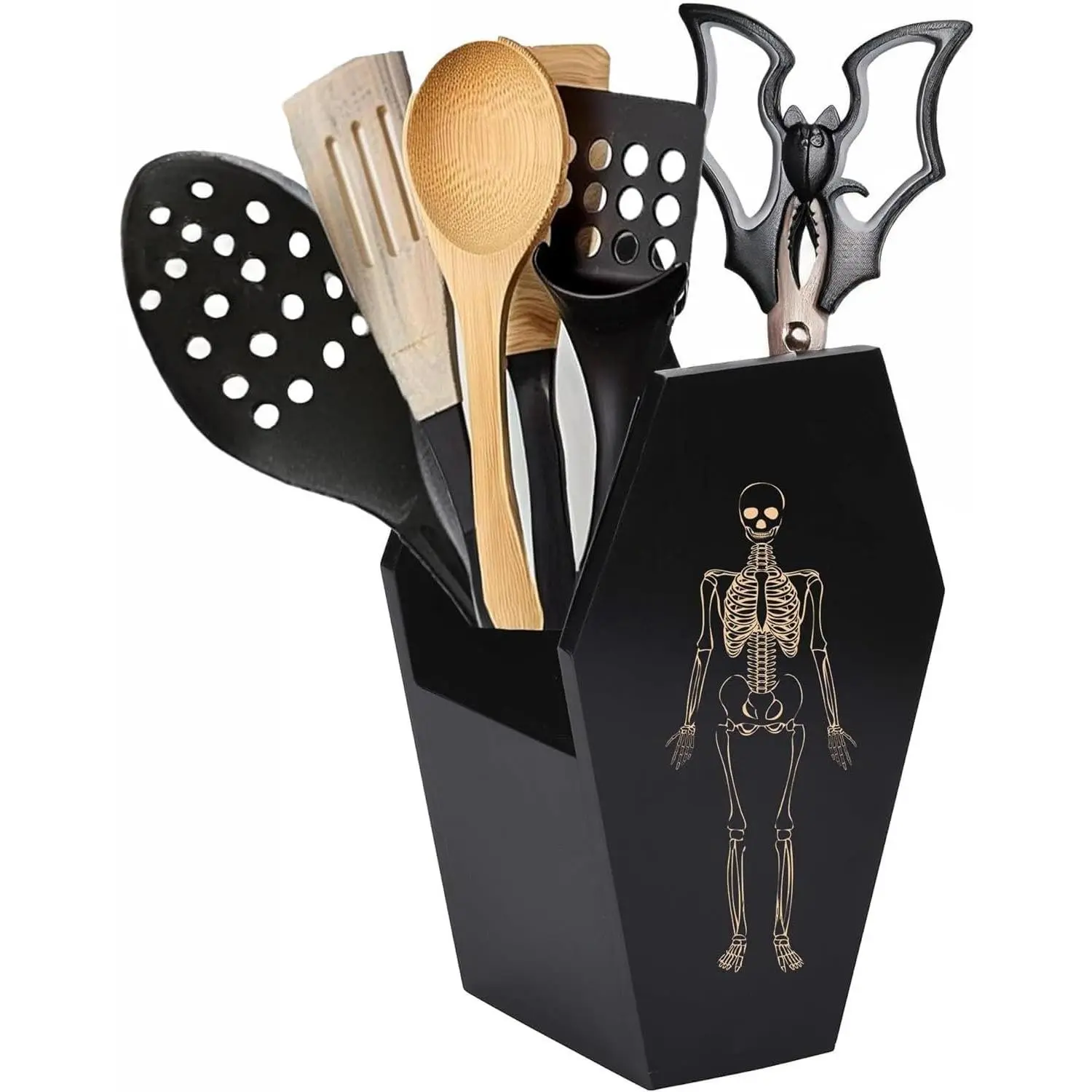 Halloween Kitchen Horror Decor - Large Capacity Skeleton Coffin Utensil Holder - Spooky Gothic Kitchen Decor for Goth Bats Spoons Skull Spatulas Kitchenware Accessories, Roomy Sturdy Deep Enough