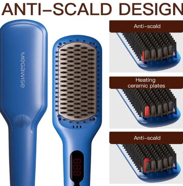 MEGAWISE Pro Ceramic Ionic Hair Straightener Brush for Home Salon, Straightening Hair Brush with 20s Heating Tech, Auto-Off, Anti-Scald with Universal Dual Voltage,Rotatable Power Cord, Gentian Blue