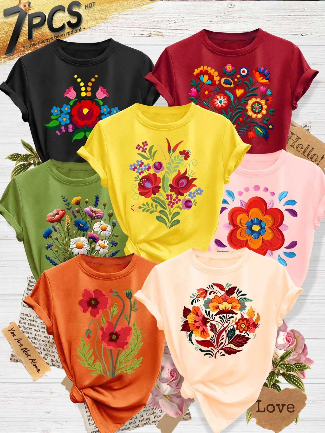 Women's 7-Pack Casual Short-Sleeve Crew Neck T-Shirts Round Neck, Vibrant Folk Floral Print, Multiple Colors Available, Machine Washable, Summer Tops for Daily Wear, Soft Skin-Friendly Fabric, Fashion Versatile Womenswear