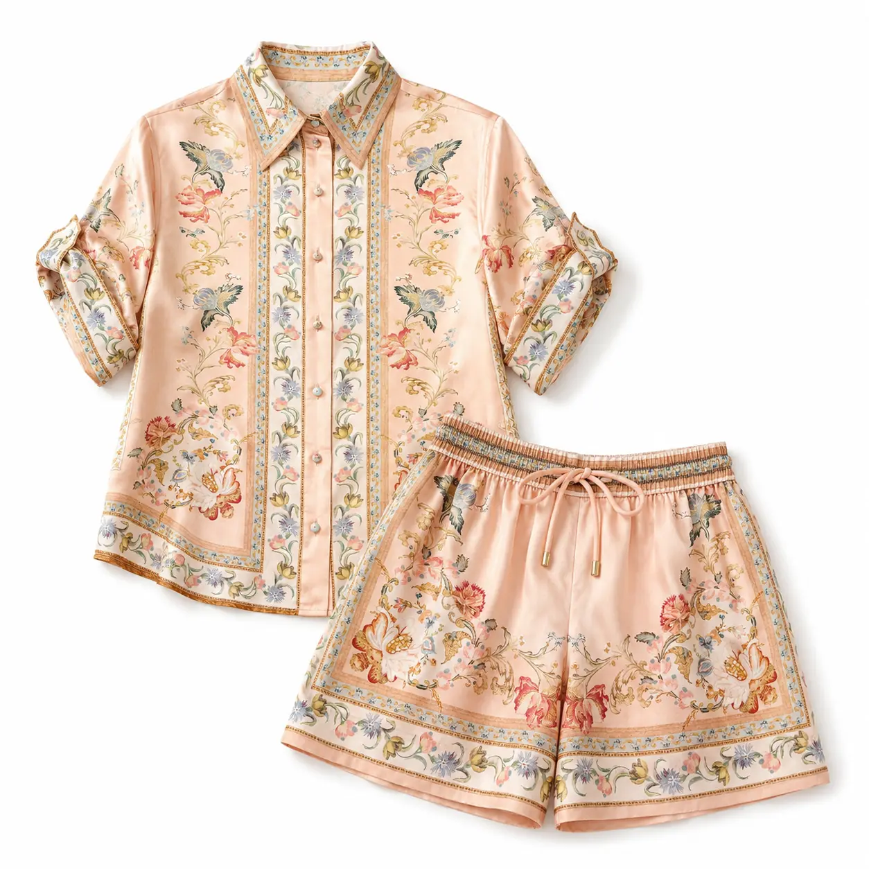 Women's 100% Pure Silk Floral 2-Piece Set - Button-Down Short-Sleeve Shirt, Rococo Tapestry Print, Drawstring Shorts, Luxury Relaxed Matching Outfit for Resort Wear, Summer Events