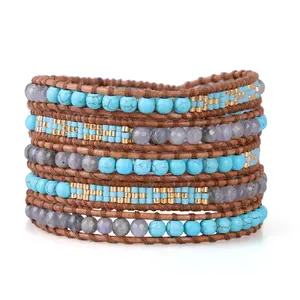 KELITCH Bracelet Mix Seed Bead Leather 5 Wrap Bracelet Turquoise Bracelet for Women