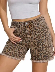luvamia Jean Shorts for Women Trendy High Rise Mid Thigh Cheetah Leopard Print Raw Hem Stretch Denim Casual Summer Jorts