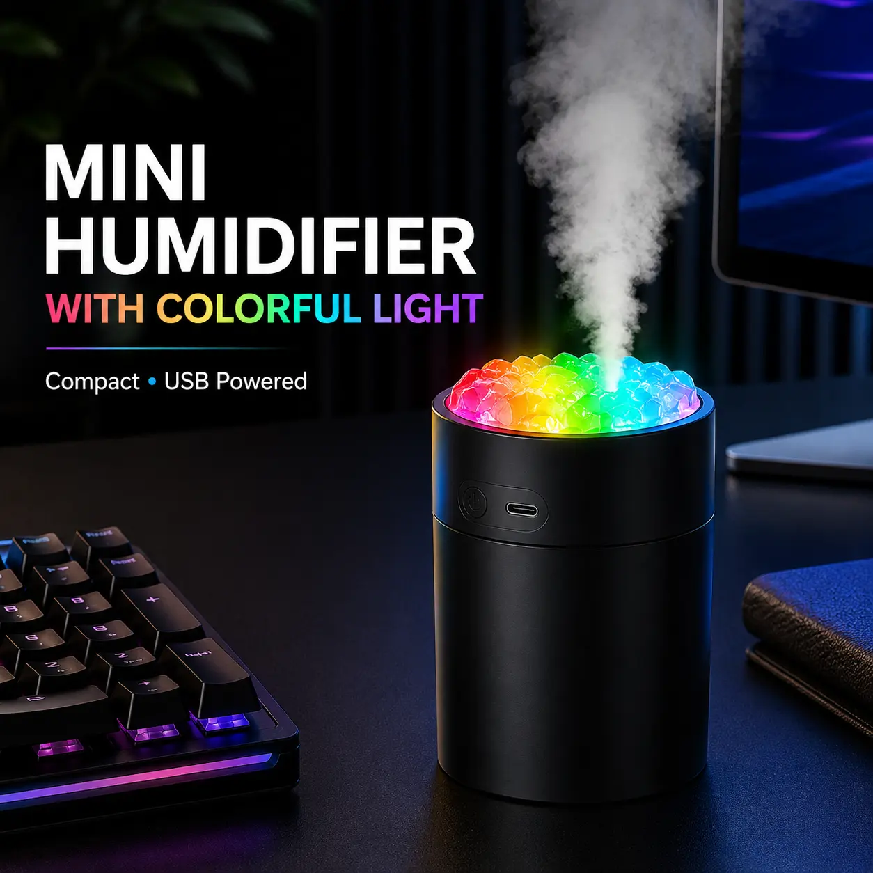 200mL Mini USB Humidifier with Colorful Ambient Light, Compact Desktop Mist Humidifier for Bedroom, Office and Desk