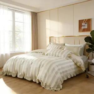 3pcs Gentle Light Coffee Striped Ruffle Edge Duvet Cover Set, Includes 1 Duvet Cover + 2 Pillowcases, No Insert, Soft Comfortable for Sleep, Elegant Home Decor, Perfect Gift for Dorm Rooms