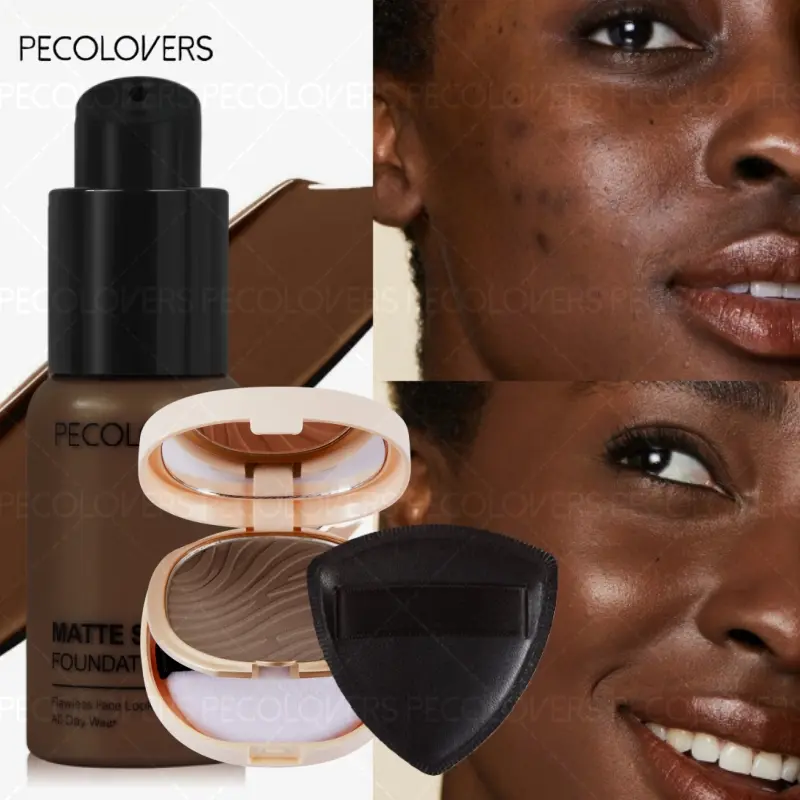 3pcs/Set Sweatproof Makeup Concealer Kit, Waterproof Oil Control Liquid Foundation + Pressed Powder + Makeup Puff, Full Coverage Conceals Dark Circles Flawless Finish, Cosmetic Set, Face Makeup Sets