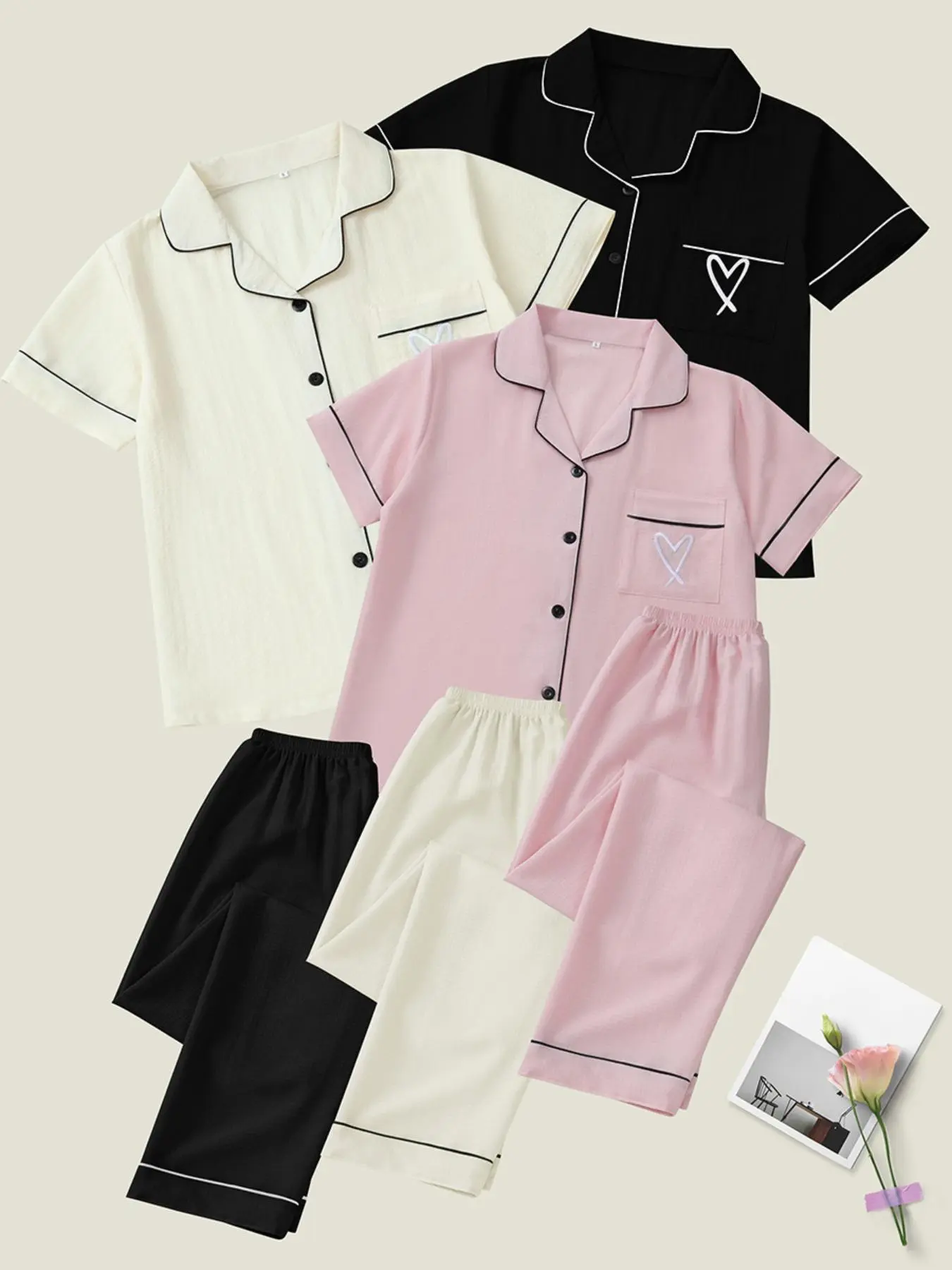 Women's Heart Embroidery Notch Collar Short-Sleeve Pocket Collared Pajama Set, Casual Comfy Shirt & Shorts Sleepwear & Loungewear for All Seasons