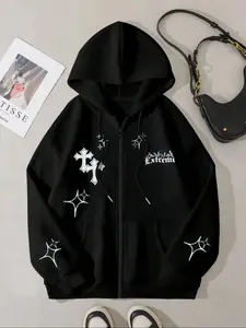 Women's Drawstring Zipper Cardigan, Pocket Design, Star & Cross Print, Casual Loose Fit, Fall Winter Warm Sweatshirt, Gothic Style Hoodie