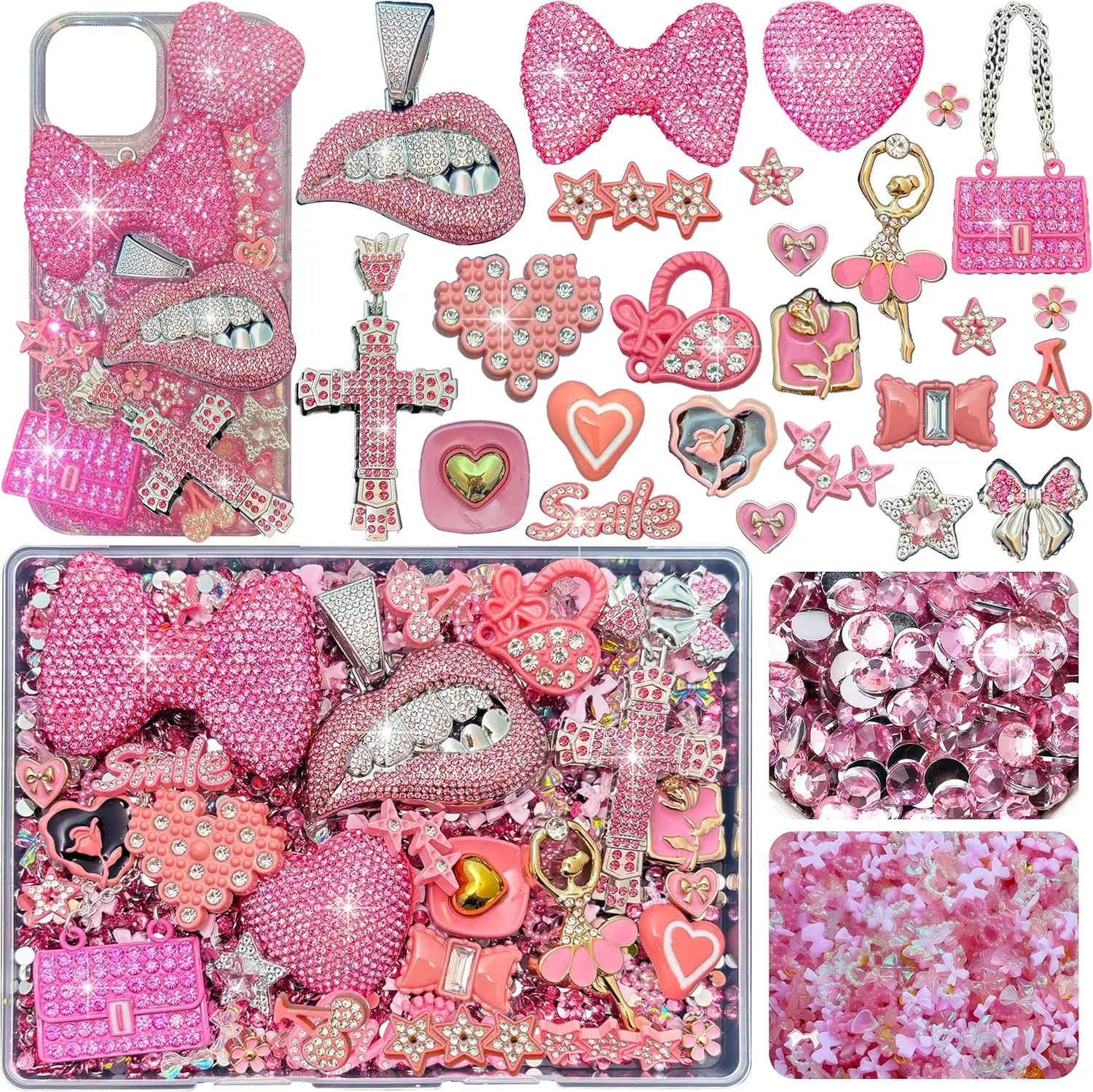 Junk Case Charms Kit, Pink Junks Phones Cases 3D Rhinestone Cool teeth and lips And Bows Chain Bags Hearts And Cross Flowers And Other Bedazzling Kits Can Be Used In DIY Phone Case Designs